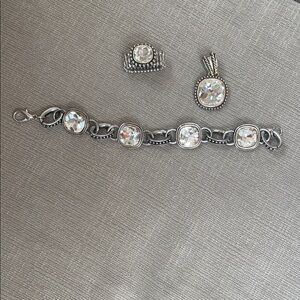Sterling Silver Clear Crystal Bracelet, Ring & Pendant Set